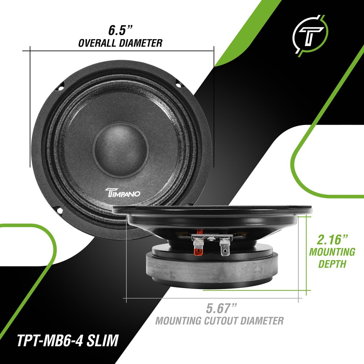 Timpano 6.5 Inch Shallow Car Speaker 600 Watts Tpt Mb6 4 Slim Shallow Profile 4 Ohm, Pro Midbass Car Audio Loudspeaker Compact F