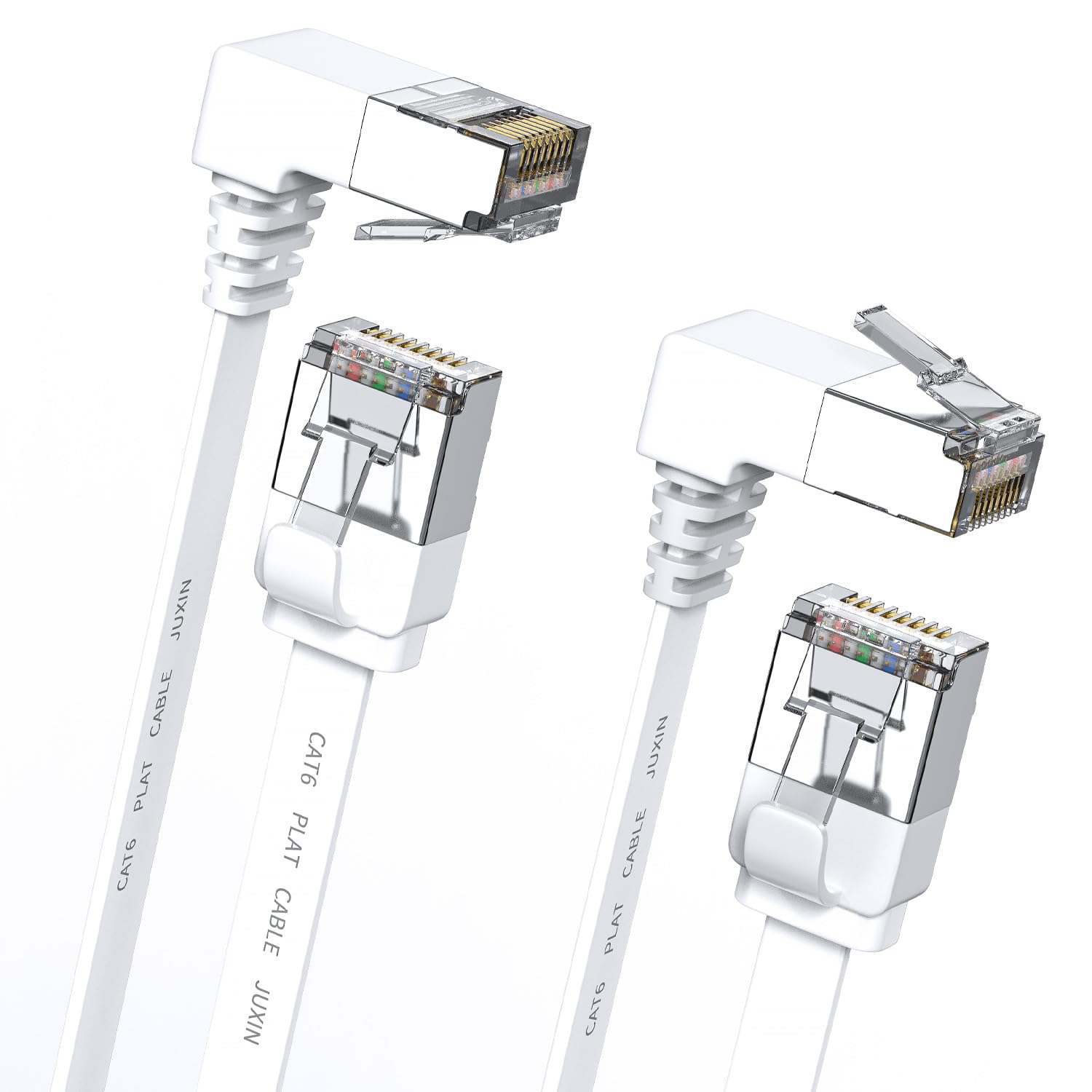 Juxinice 2Pack 90 Degree Cat 6 Ethernet Cable Flat Right Angle Cat6 Ethernet Patch Cable 1.5Ft, High Speed Slim Cat6 Gigabit Internet Network Lan Patch Cords  White(Up+Down) Angle