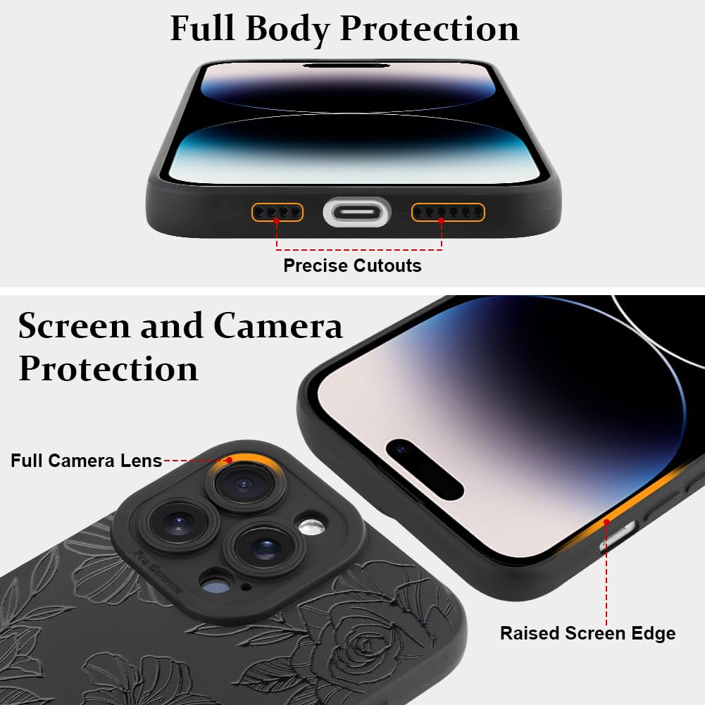 Lsl Case For Iphone 14 Pro Black Floral Flower Pattern Print Case Soft Tpu Full Camera Lens Anti Drop Anti Scratch Shockproof Pr