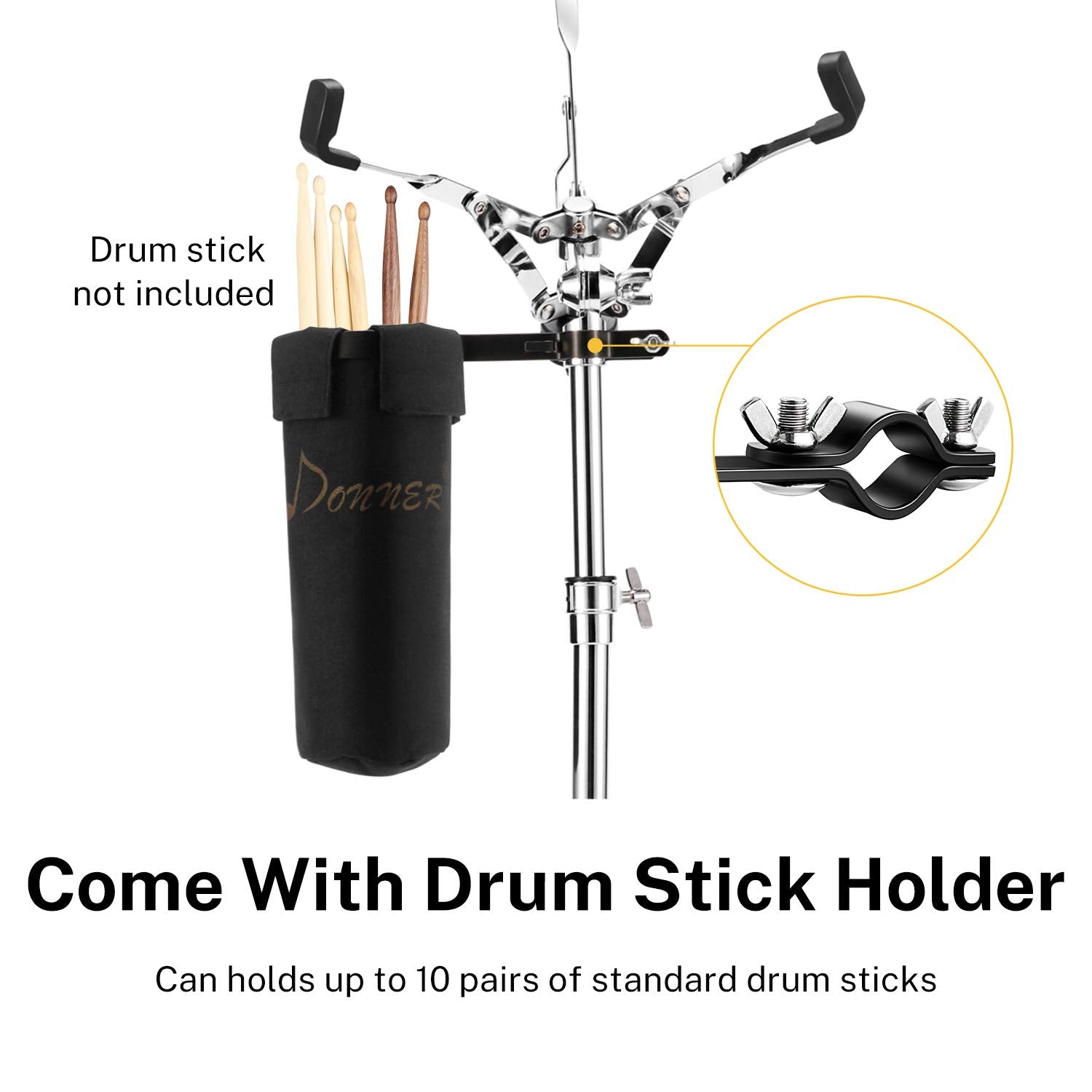 Donner Snare Drum Stand, Adjustable Snare Stand Double Braced Extended With Drum Stick Holder Fit 10'' 14'' Dia Drums, Drum Pads