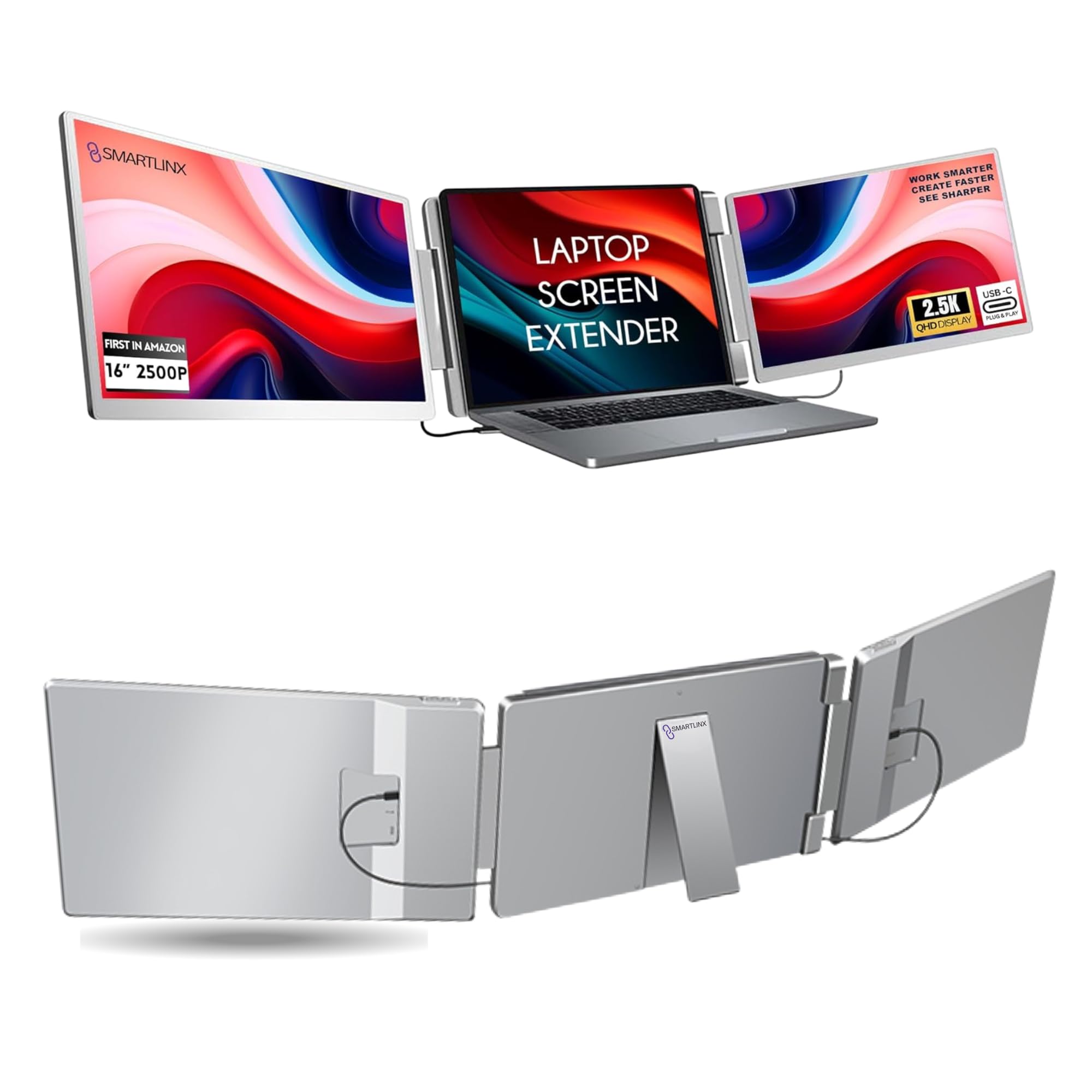Smartlinx 16 Laptop Screen Extender Triple Display - 2560x1600P QHD Portable Monitor, USB C Detachable Plug & Play Extender for