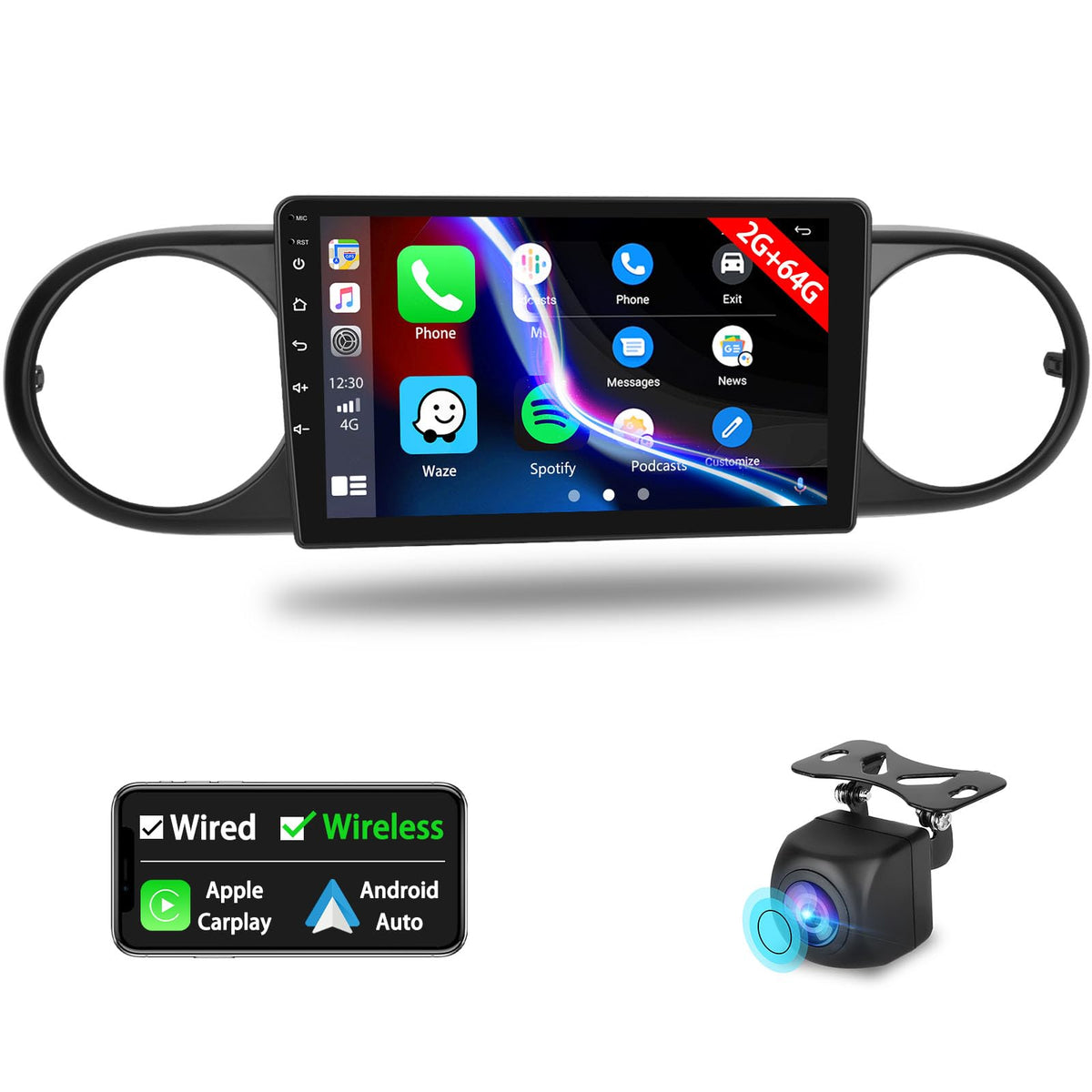 2GB+64GB for Toyota Scion xB 2007-2019 Android Car Stereo with Carplay Android Auto 9 inch Touchscreen Android Radio Support GPS WiFi SWC RCA USB Rear Camera Microphone