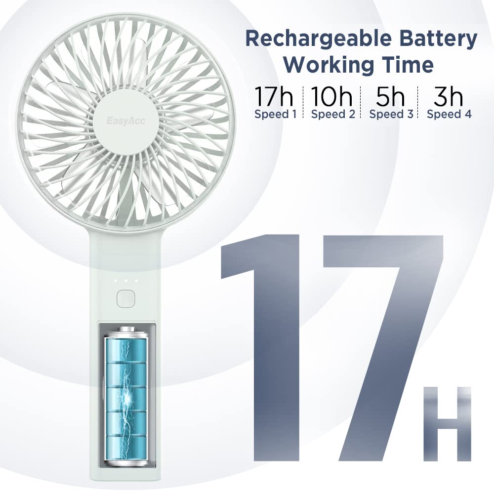 Easyacc Handheld Fan, 2023 Newly Powerful Quiet Portable Fan Small Desk Fan [ 4 Speed/Battery Indicator/Easy Clean] 17H Battery