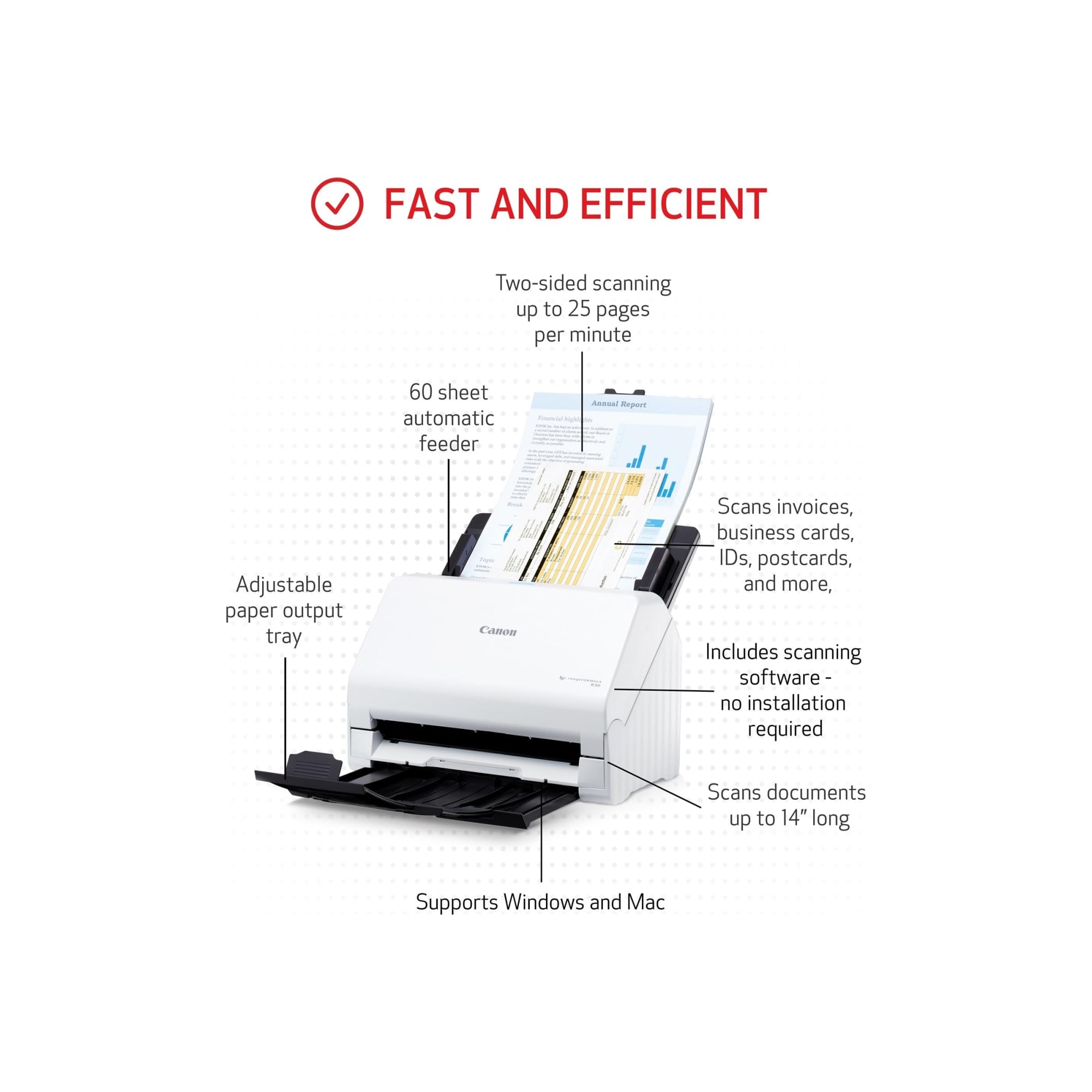 Canon Imageformula R30 - Office Document Scanner, Auto Document Feeder, Duplex Scanning, Plug-And-Scan Capability, No Software I