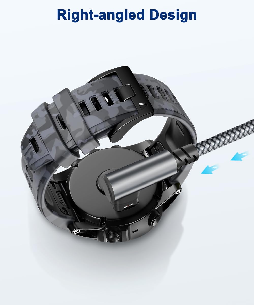 RUXELY 1.2M Right Angle Garmin Watch Charger Cable, Nylon Power Cord for Fenix 8 5 6 7, Forerunner 745 945, Instinct,