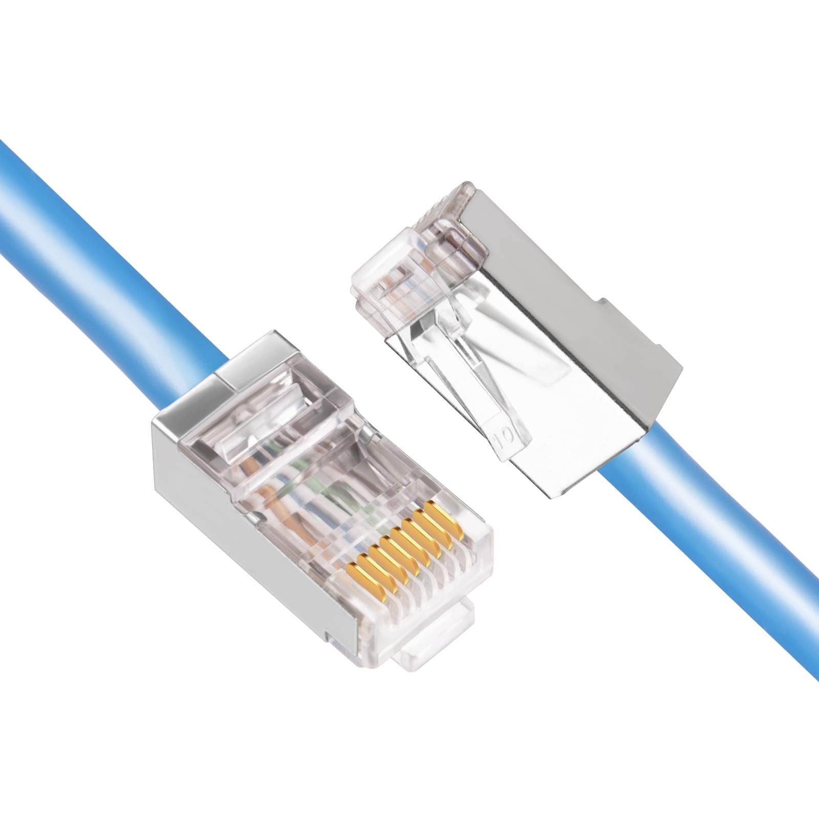 Igreely Shielded Cat6 Rj45 Connectors 50 Pack Gold Plated Rj45 Cat6/Cat5E/Cat5 8P8C 50 Micron 50U 3 Prong Ftp Stp Ethernet Cable Crimp Modular Plug