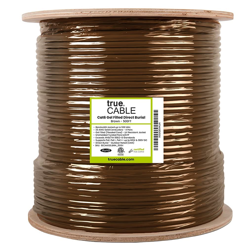Truecable Cat6 Direct Burial, Gel Filled, 500Ft, Brown, Waterproof, Cmx, 23Awg Solid Bare Copper, 550Mhz, Poe++ (4Ppoe), Etl Listed, Unshielded Utp, Bulk Ethernet Cable