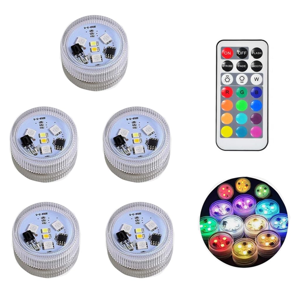 KEMANI Mini Submersible Led Lights, 5pcs Small Underwater Tea Lights Candles Waterproof with Remote Battery Operated, RGB Multic