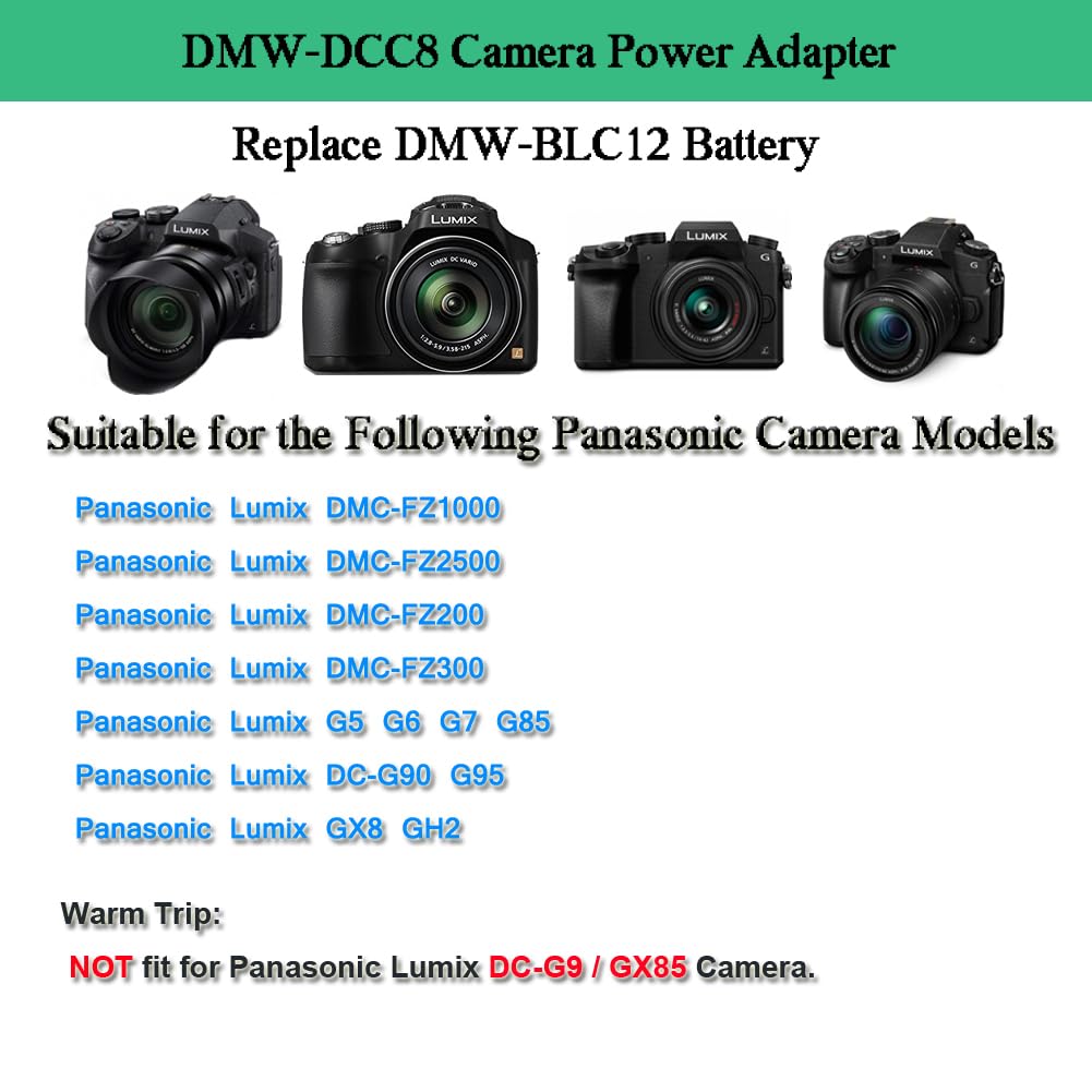 Gonine Dmw Dcc8 Dmw Ac8 Camera Ac Power Suply Adapter Dummy Battery Charger Kit (Dmw Blc12 Battery Replacement) For Panasonic Dmc Fz200 Dmc Fz1000 Dmc Gh2 Dmc G5 Dmc G6 Dmc G7 Lumix Gx8 G85.
