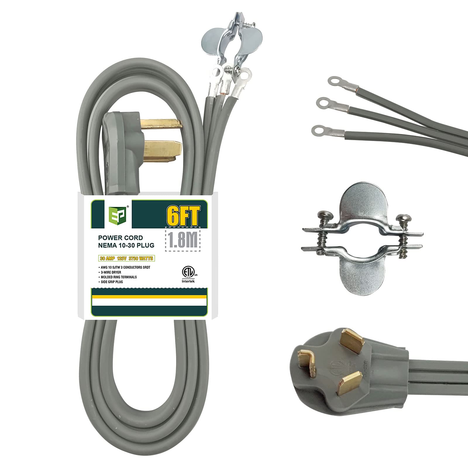Ep 3 Prong Dryer Cord, 6 Ft 10/3 Srdt, 30 Amp Appliance Extension Power Cord, Nema 10 30, Gray