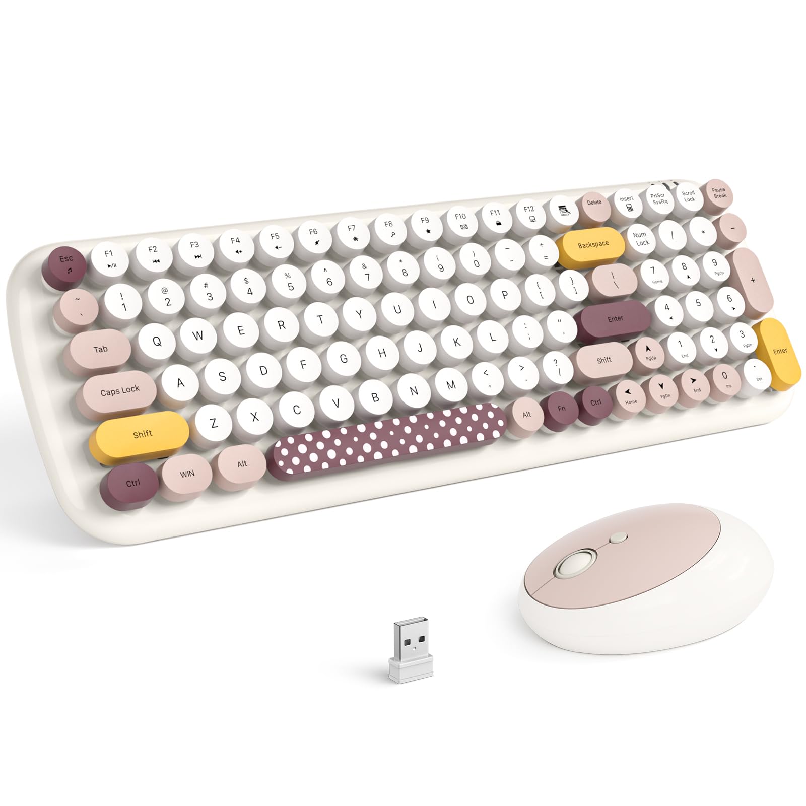 Knowsqt Wireless Keyboard And Mouse Combo, Light Beige 100 Keys 2.4 Ghz Round Keycap Typewriter Keyboards, Usb Receiver Plug And