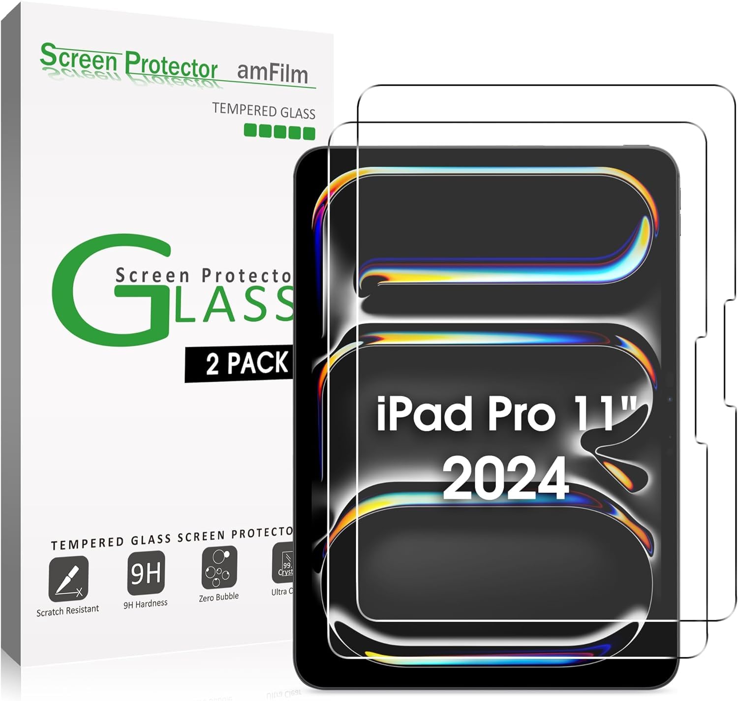 amFilm Screen Protector for iPad Pro 11 Inch OLED M4 [2024 Model] Tempered Glass [Face ID & Apple Pencil Pro & Case Compatible] 