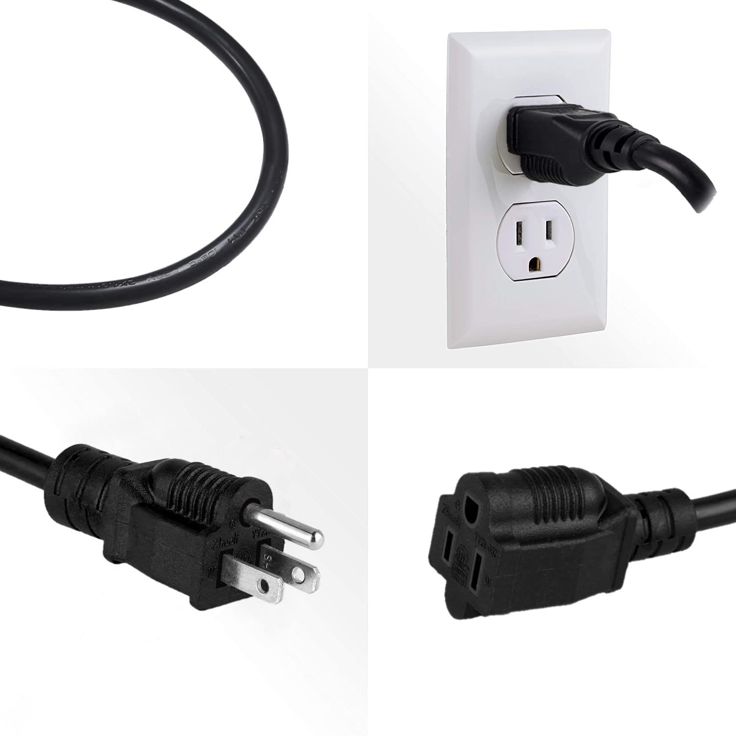 4 Pack 8Ft Extension Cord Outdoor Indoor Use 16 Awg Heavy Duty Power Cord 3 Prong Sjtw, Nema 5 15P To Nema 5 15R, Power Cable Fo