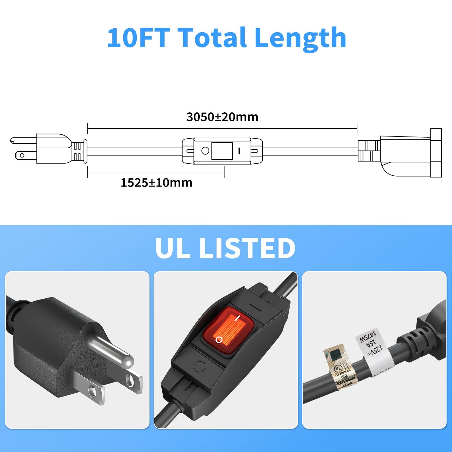 Firmerst 1875W Outdoor Extension Cord With Switch Waterproof Black 10 Feet