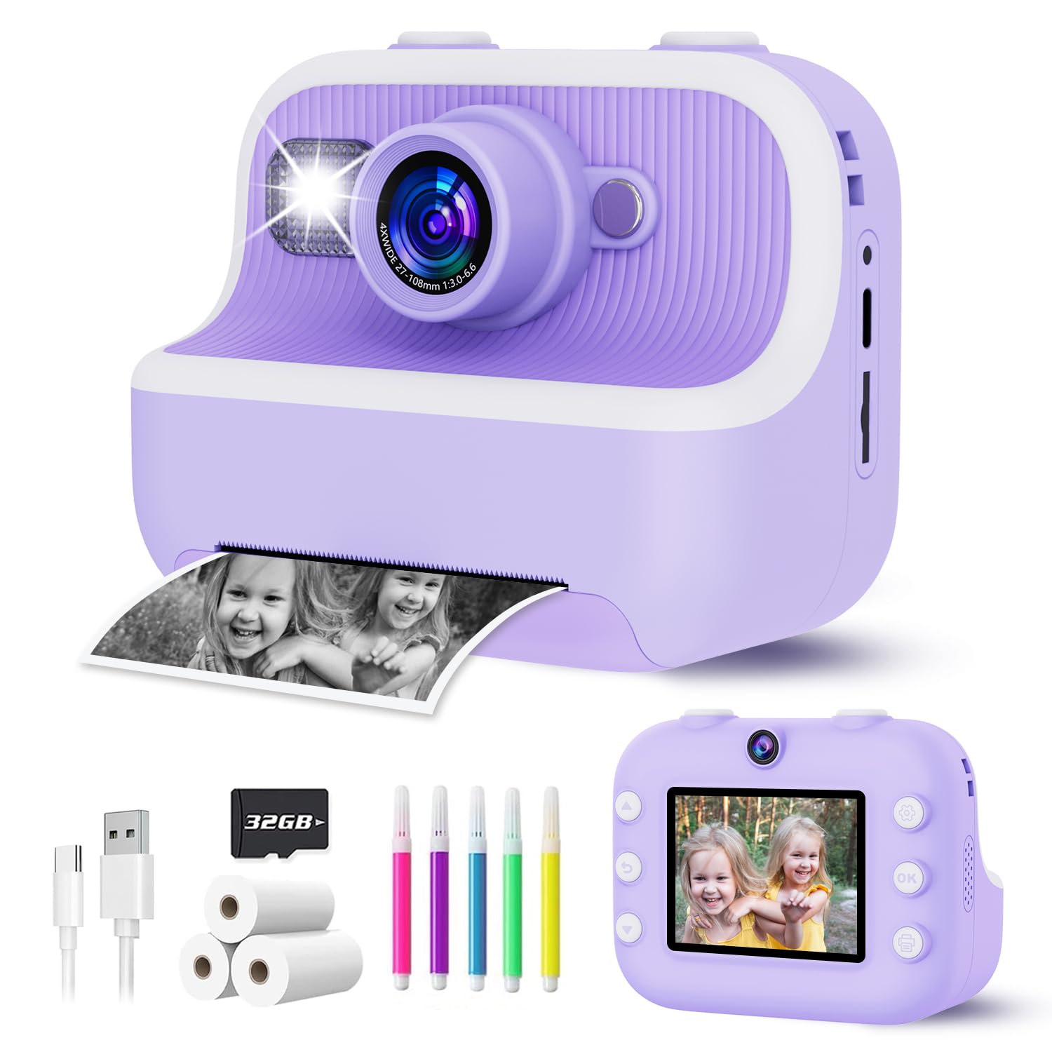 Instant Print Camera For Kids, Christmas Birthday Gifts For Girls Boys, Kids Camera Instant Print With Dual Camera 1080P Digital