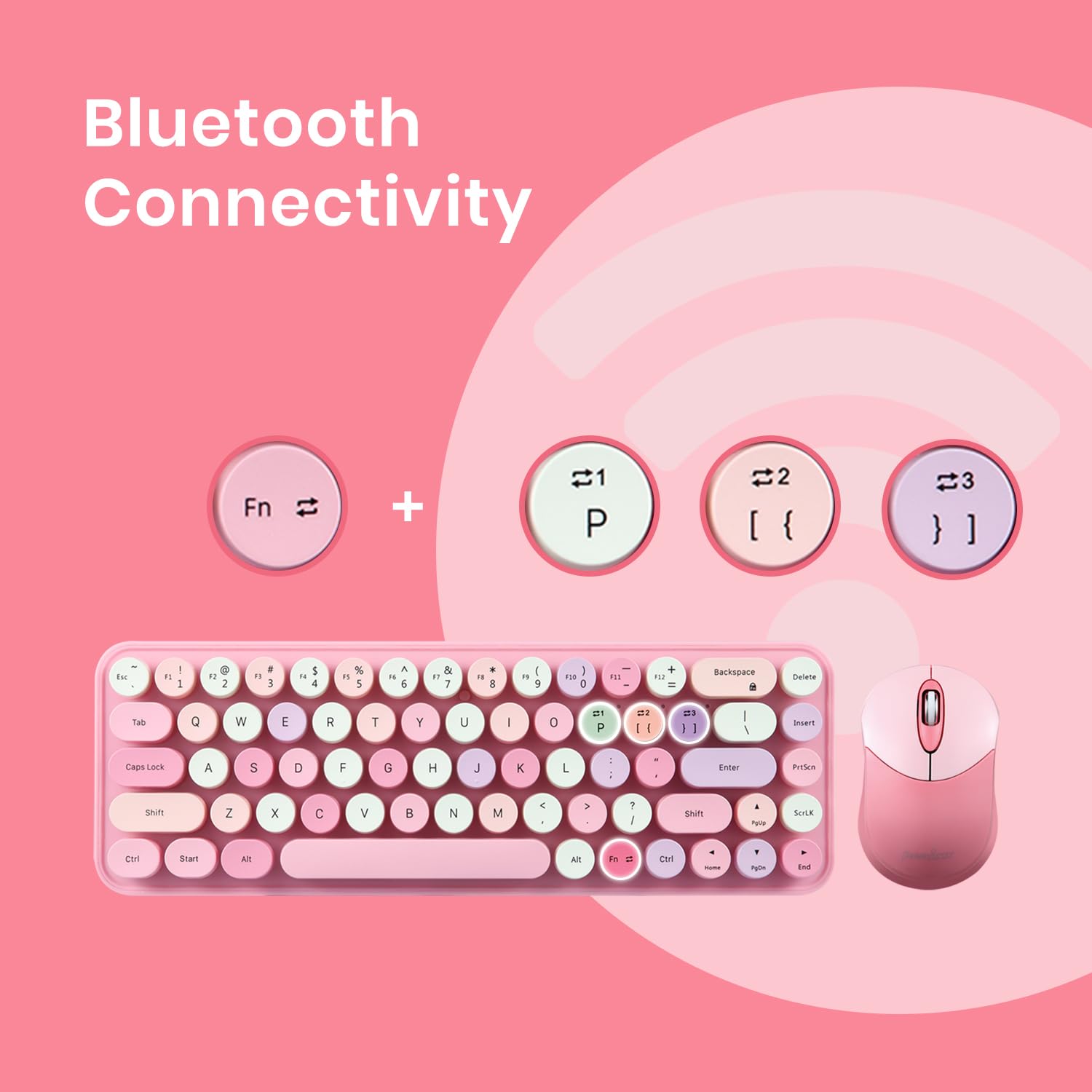 Perixx Periduo 802Pk Bluetooth Mini Keyboard And Mouse Combo   Retro Round Key Caps   Pastel Pink   Us English
