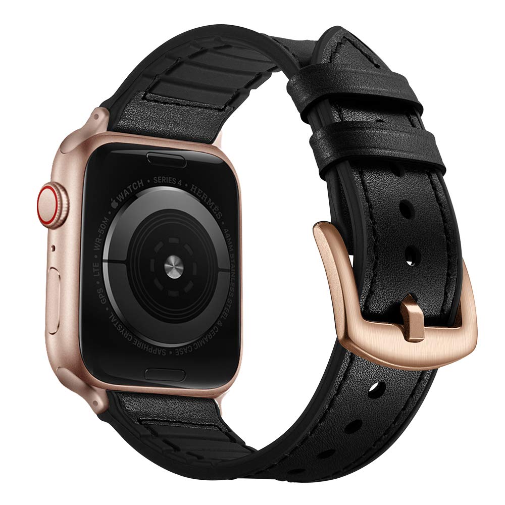 Ouheng Compatible With Apple Watch Band 41Mm 40Mm 38Mm, Sweatproof Genuine Leather And Rubber Hybrid Band Strap Compatible With