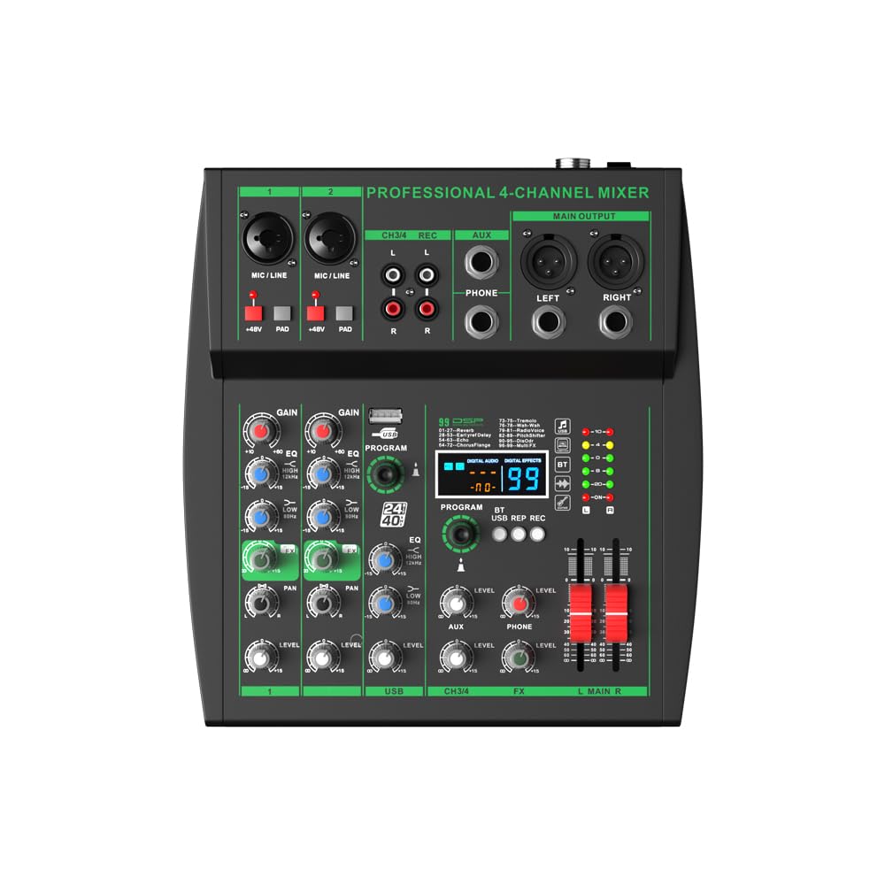 Yamnweo mw-4 black 4Channel Audio Mixer with 99 Sound Effects for PC,Portable Sound Mixing Console with BT USB Recording Input f