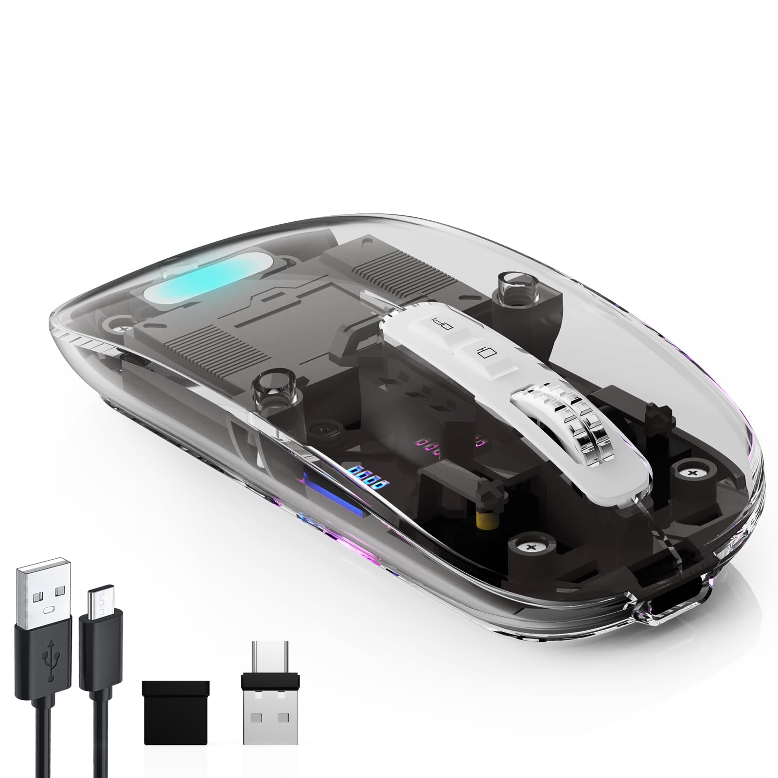 Wireless Transparent Mouse For Computer,Bluetooth Mouse Rechargeale,Power Display,Dpi,Shortcut,Tri Mode Bluetooth5.1(Bt1+Bt2) +