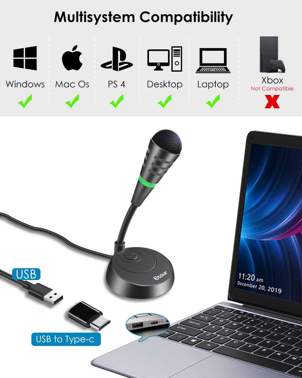 Etour Little Usb Computer Microphone, Plug &Play Desktop Cardioid Condenser External Microphone For Laptop, Mute Button With Led Indicator, For Windows/Mac, Skype, Recording, Games/Zoom Meetings