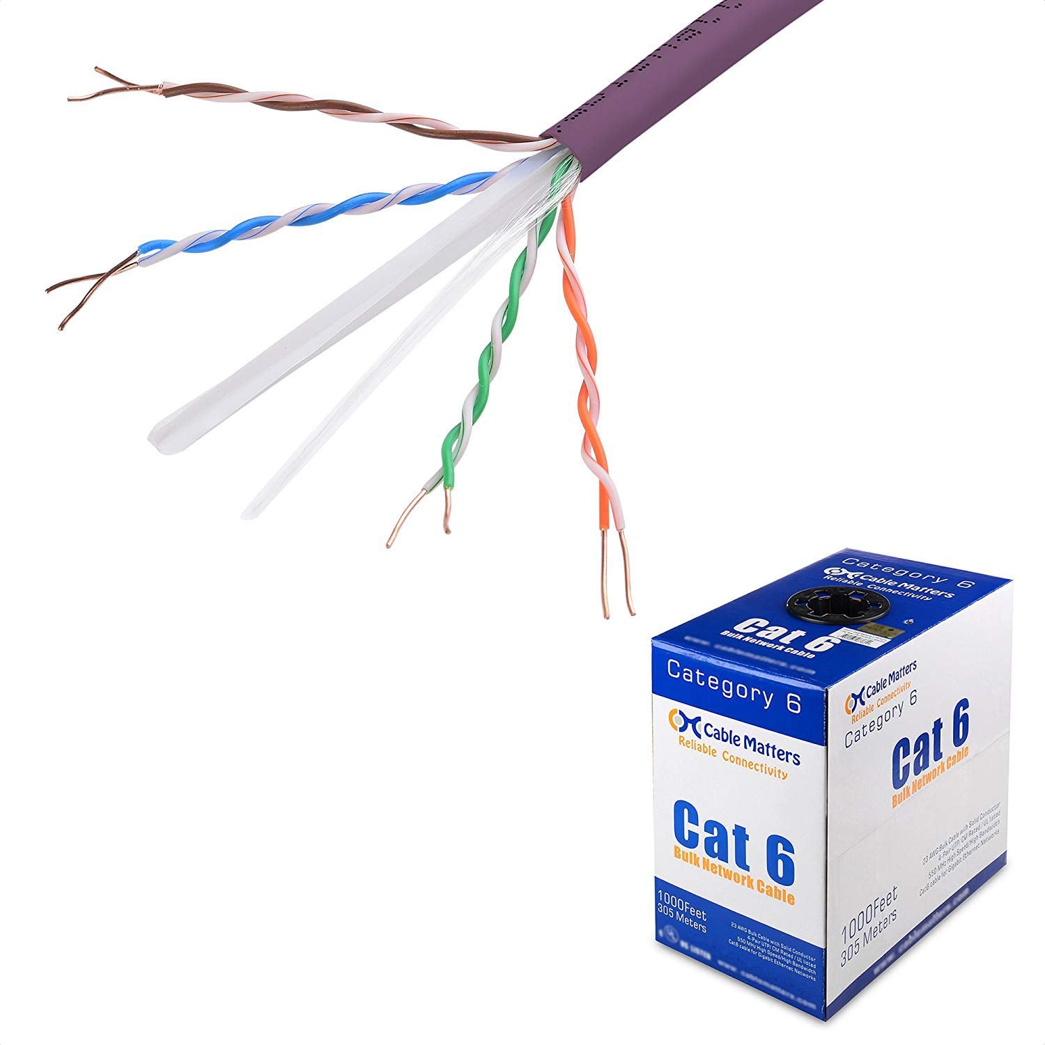 Cable Matters [UL Listed] 10Gbps in Wall (CM) Rated 23AWG Bare Copper Cat 6 Cable 1000 ft (Cat6 Bulk Cable 1000 ft, Cat6 Ethernet Cable, Internet Cable, Network Cable) in Purple