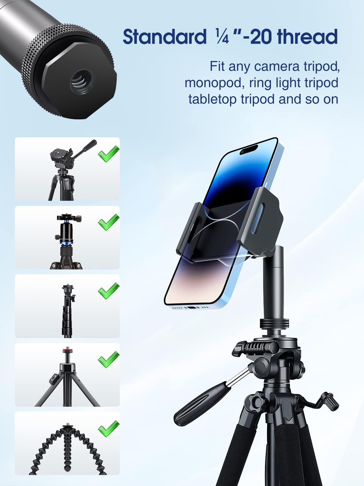 Elitehood Universal Phone Holder Mount For Tripod, 360 Swivel Tilt Iphone Tripod Mount Adapter With 1/4    Screw Adapter & Cold