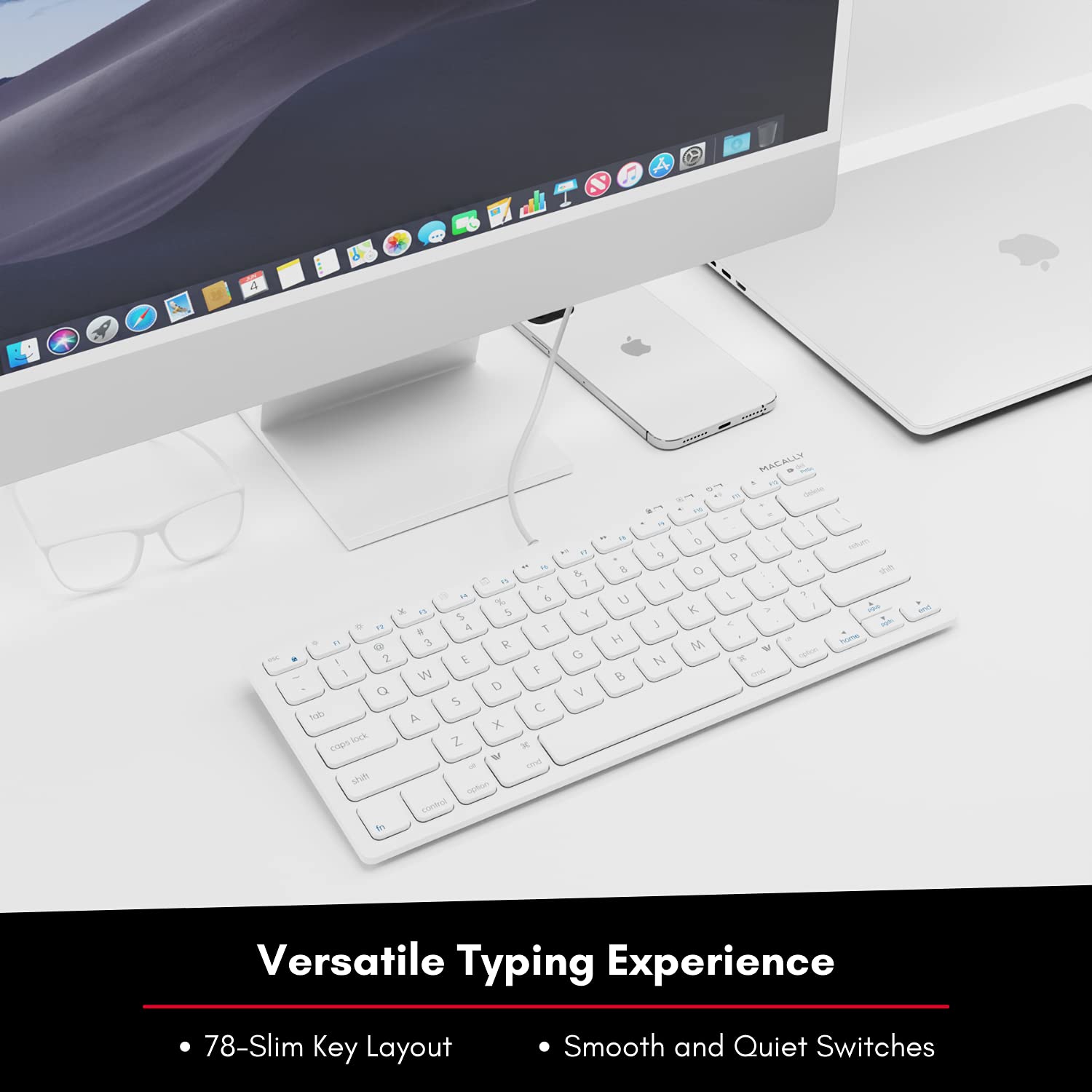 Macally Usb Wired Keyboard For Mac And Windows Pc - Plug And Play Apple Keyboard With 78 Scissor Switch Keys And 13 Shortcut Key