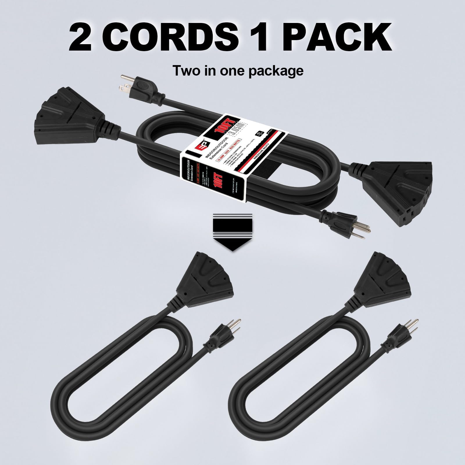 Ep 2 Pack 10 Ft Outdoor Extension Cord With 3 Electrical Power Outlets   16/3 Sjtw Black Cable With 3 Prong Grounded Plug For Sa