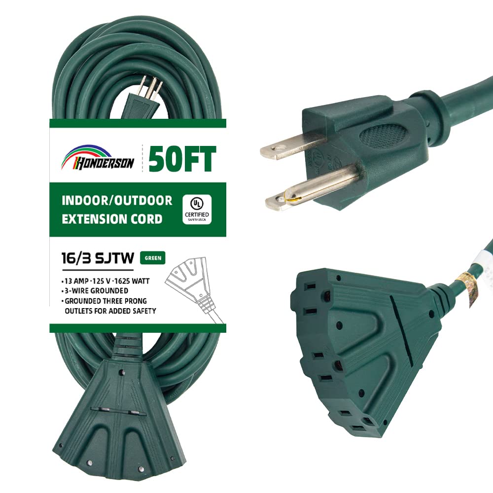 Honderson 3 Outlets Indoor Outdoor Extension Cord Weatherproof, Ul Listed, 16 Gauge 50Ft Green 3 Prong Heavy Duty, 16/3 Sjtw 13A