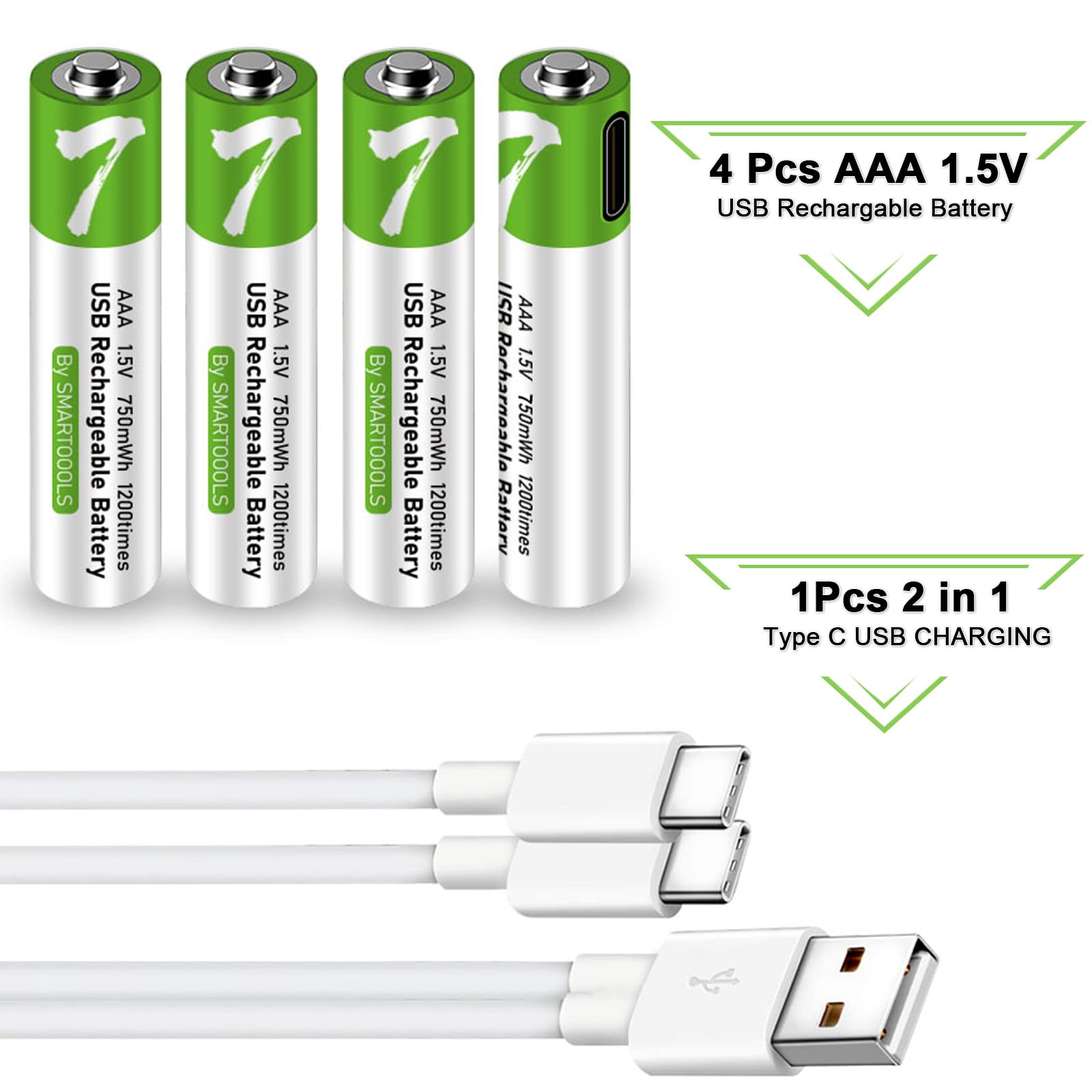 Camelcell 4 Pack Aaa Battery,Rechargeable Aaa Batteries, Lithium-Ion Triple A Batteries 750Mwh,1.5V Battery With 4 In1 Usb Type