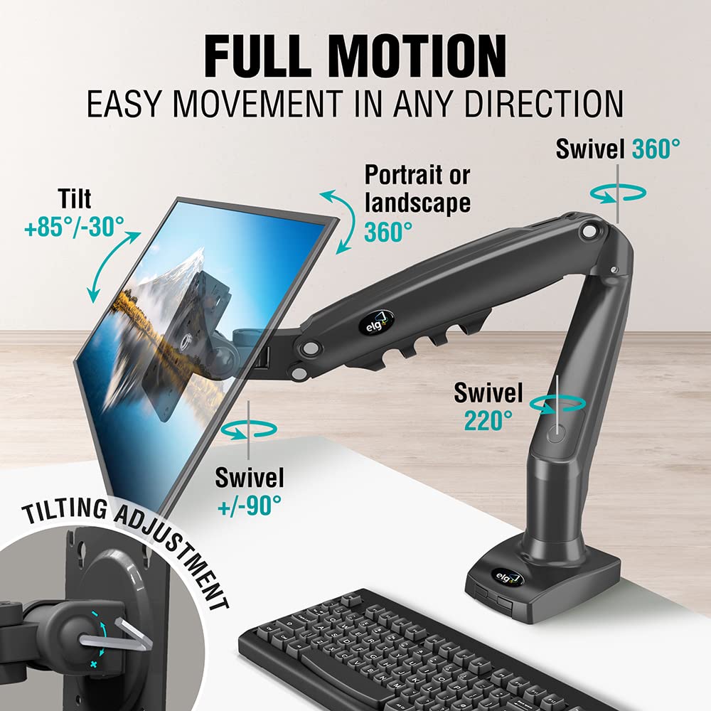 Elg Full Motion Swivel Monitor Desk Mount Stand Gas Spring For 17    To 35'' Display (4.4Lbs To 19.8Lbs Load), Computer Monitor