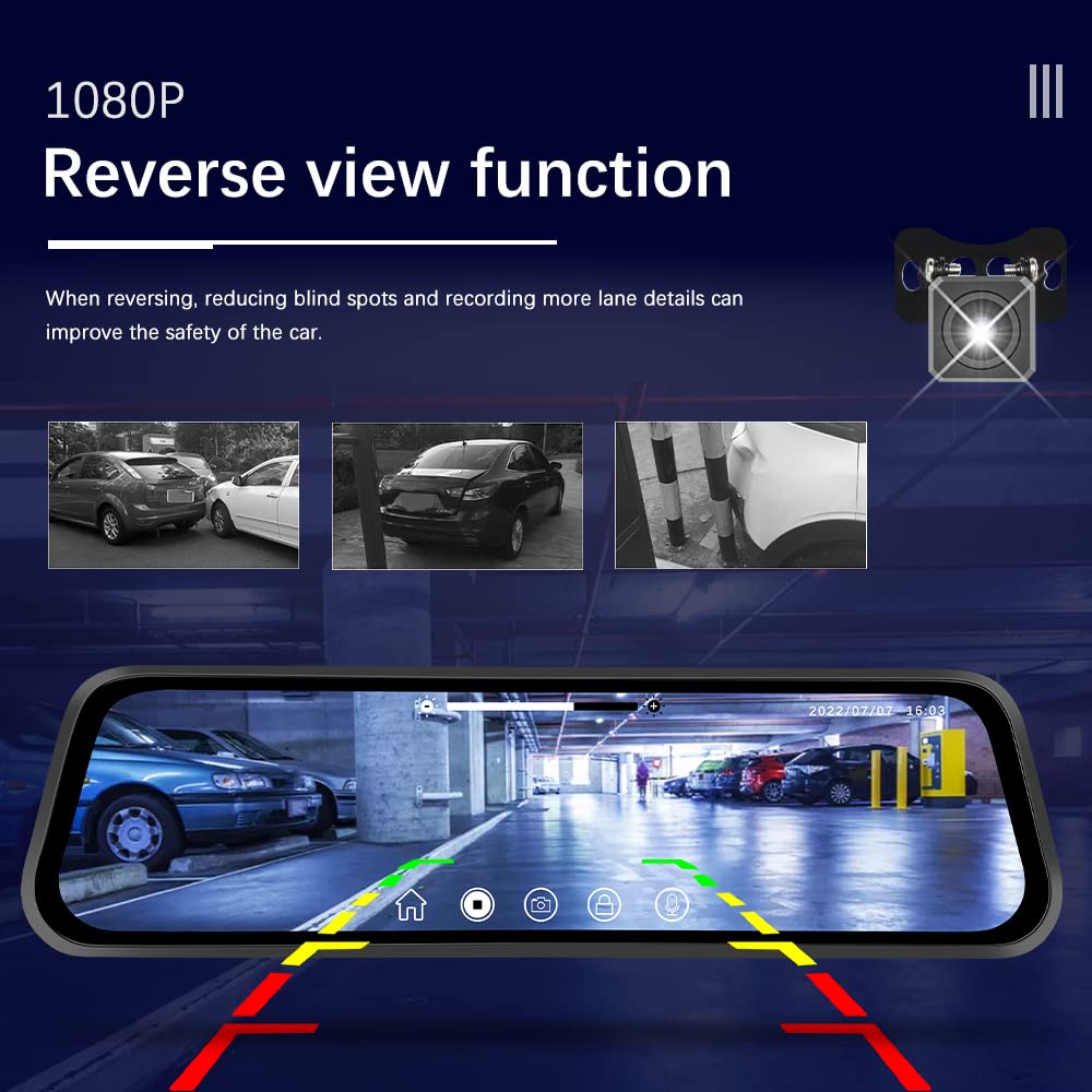 Camecho 9.66' Mirror Dash Cam Rear View Mirror Camera Front And Rear 1080P Backup Camera With 64Gb Card, Touch Screen Dual Front And Rear Camera/Night Vision/G Sensor/Parking Monitor/Loop Recording
