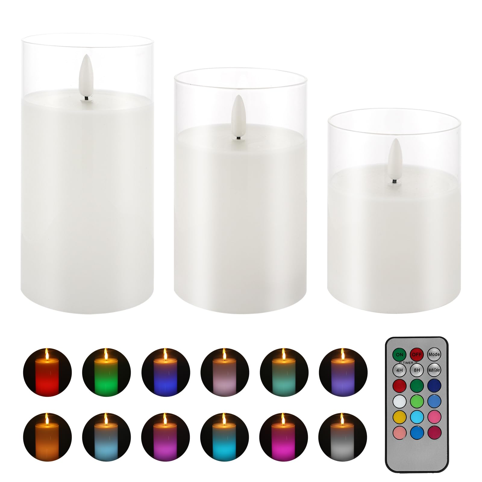 HJANDHJ Color Changing Flameless Candle - Glass Flameless Candles with Timer, Battery Operated Candles with 18-Key Remote, Flick
