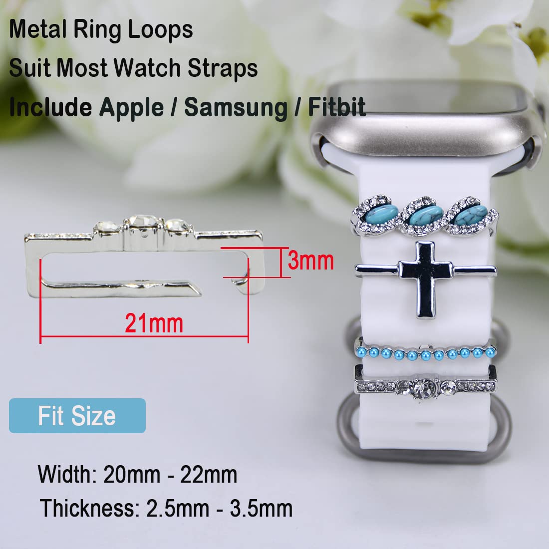 Sunoreek Silver Cross Watch Band Charms For Apple Women - Iwatch Bands Charms, Western Turquoise Decorative Rings Loops For Appl