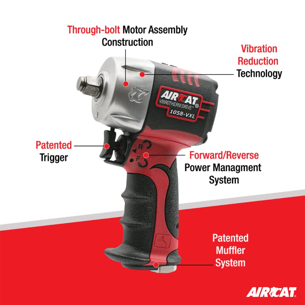 Aircat Pneumatic Tools 1058 Vxl 1/2 Inch Vibrotherm Drive Composite Compact Impact Wrench 750 Ft Lbs