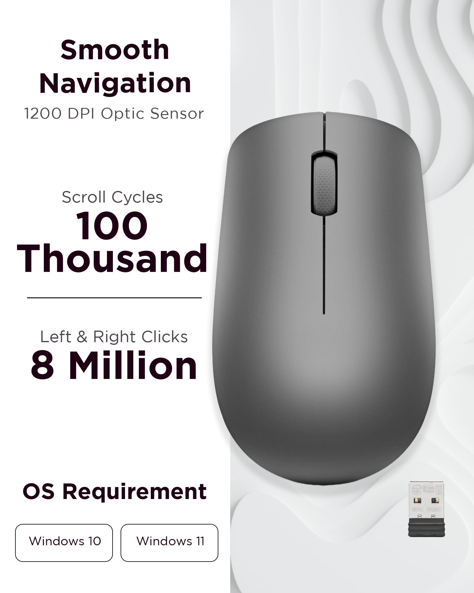Lenovo 530 Wireless Mouse With Battery, 1200 Dpi Optical Mouse, Usb Receiver, 3 Button, Portable, Ambidextrous, Gy50Z49089, Grap