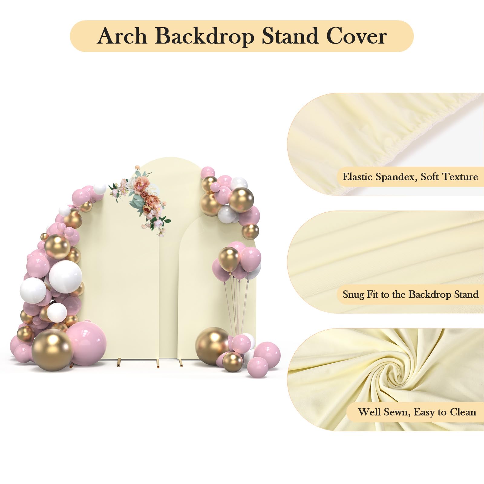 Topdirect Set Of 3 Arch Backdrop Stand And Cover Set, 4Ft, 5Ft, 6Ft Metal Chiara Backdrop Stand For Birthday Party Baby Shower W