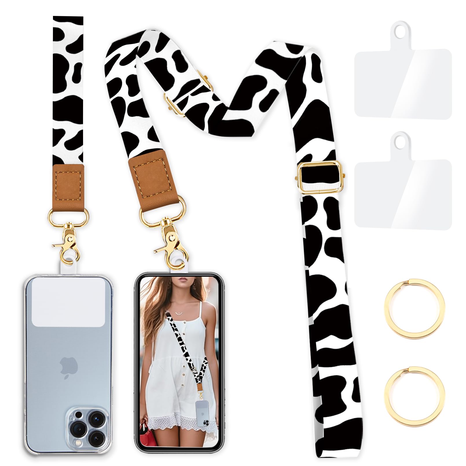 Phone Lanyard Crossbody Wrist Strap Adjustable, Cow Cell Phone Lanyard Wristlet Universal Phone Strap With 2 Phone Tether Tabs,