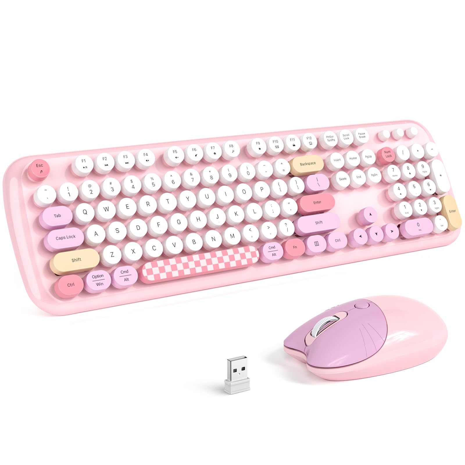 Retro Wireless Keyboard and Mouse Combo, SQMD Full-Size Office Typewriter Keyboard with Round Colorful Keycaps, 2.4G Cute Quiet 