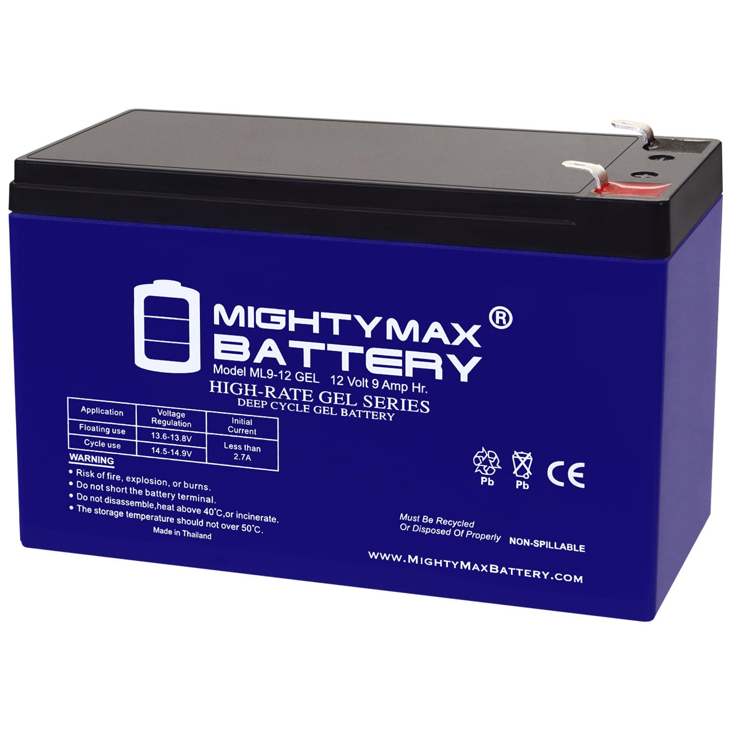 Mighty Max Battery ML9-12GEL - 12 Volt 9 AH, Gel Type, F2 Terminal, Rechargeable SLA AGM Battery