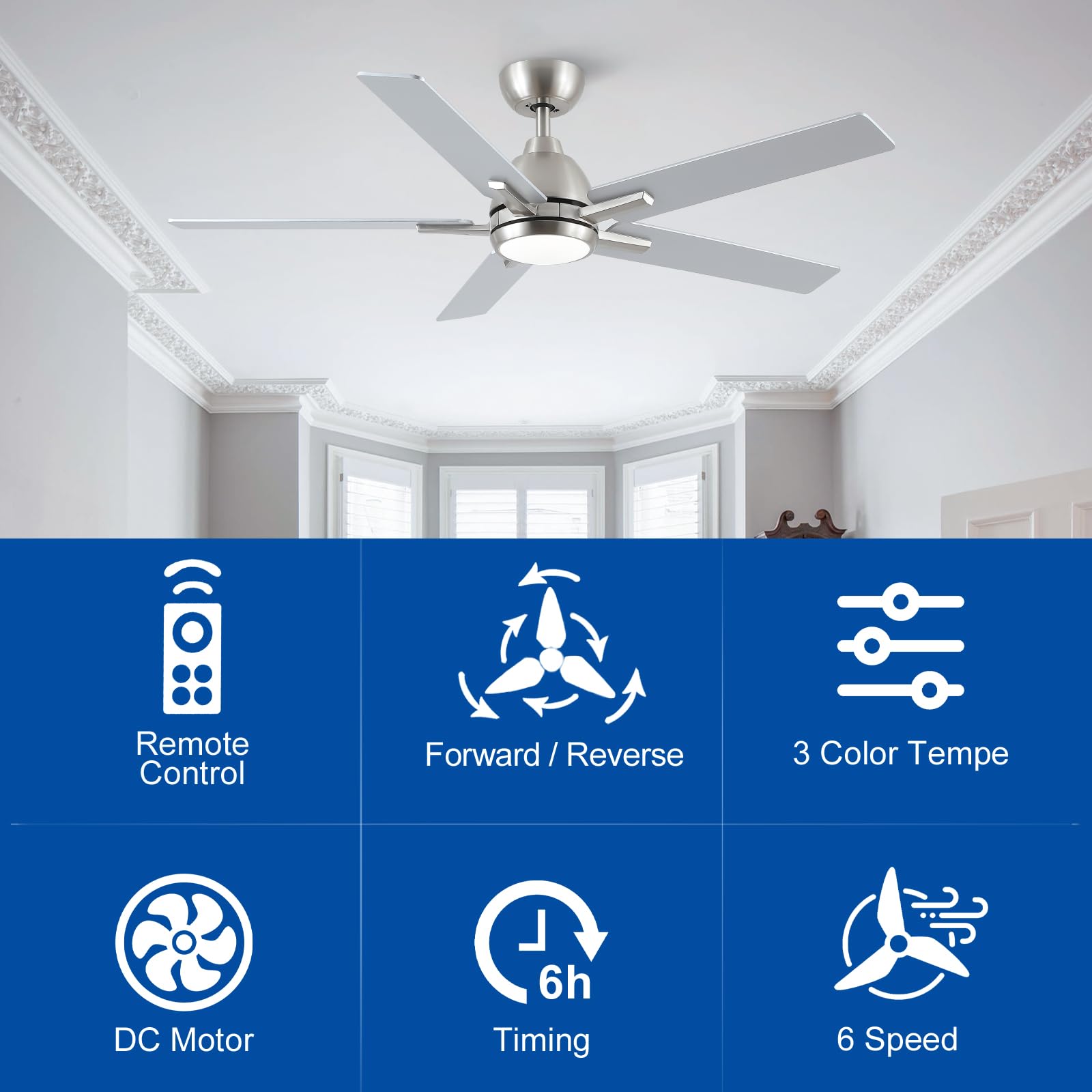 52 Inch Ceiling Fans With Lights And Remote,Brushed Nickel Ceiling Fan With 5 Dual Sided Blades,Downrod,6 Speed Reversible Dc Mo
