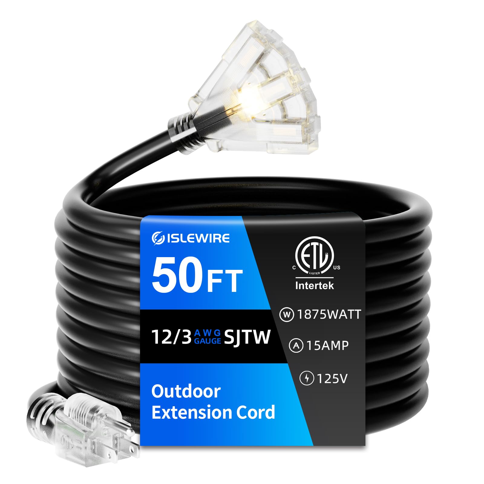 Islewire 50 Ft Outdoor Extension Cord With Multiple Outlets, 12 Gauge Heavy Duty Black Extension Cord Waterproof With 3 Outlet,