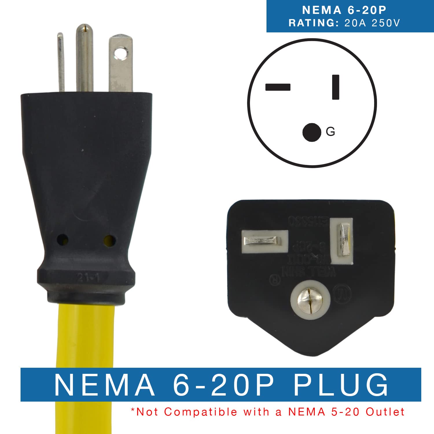 Conntek 25F620 Nema 6 20 Extra Heavy Duty Extension Cord, 20 Amps 250 Volts, 25 Feet