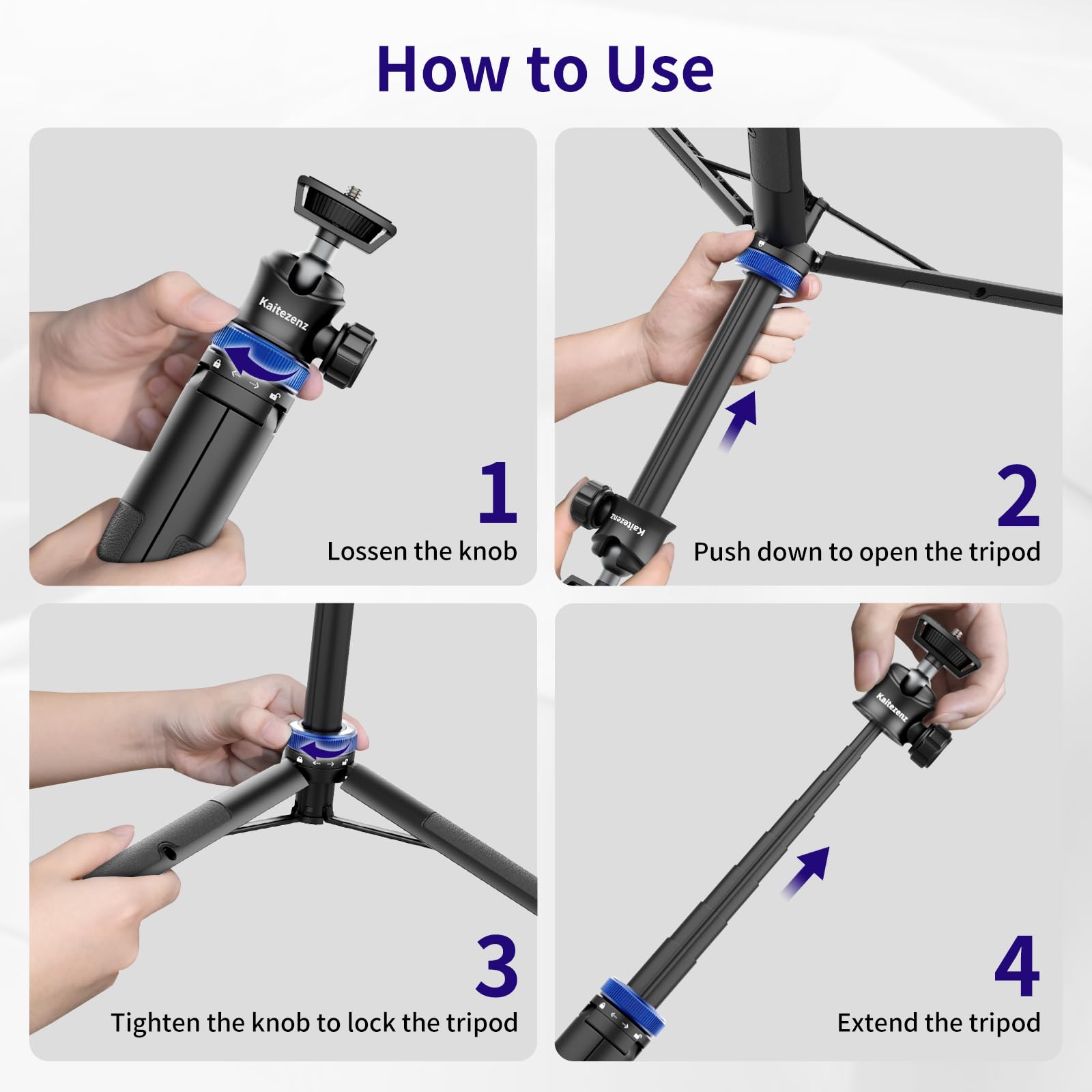 Kaitezenz Selfie Stick Tripod For Gopro Camera, 62'' Extendable Tripod Stand With 360 Ball Head 1/4'' Screw, Portable Lightweigh