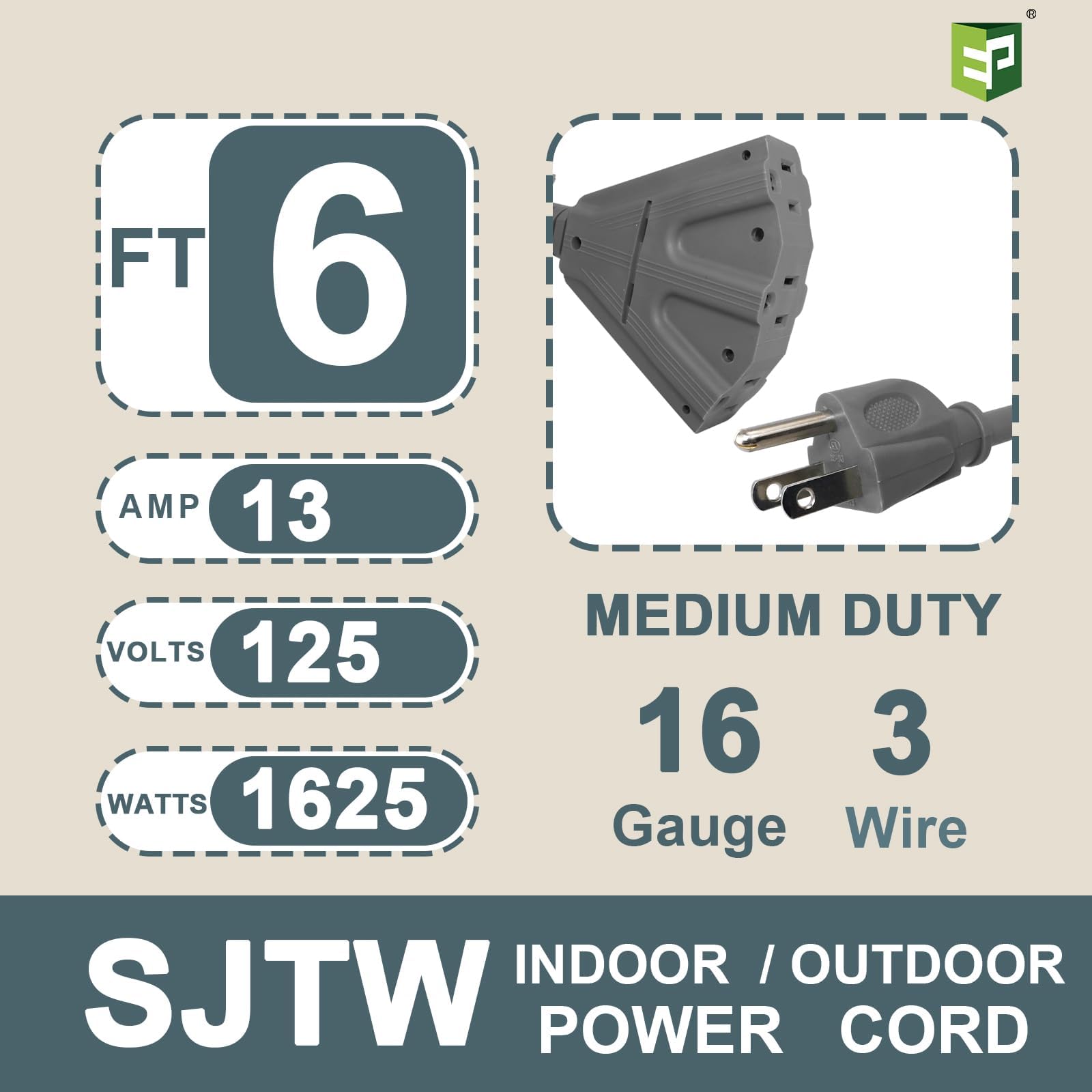 Ep 6 Ft Outdoor Extension Cord With 3 Electrical Power Outlets   16/3 Sjtw Grey Cable With 3 Prong Grounded Plug For Safety Grea
