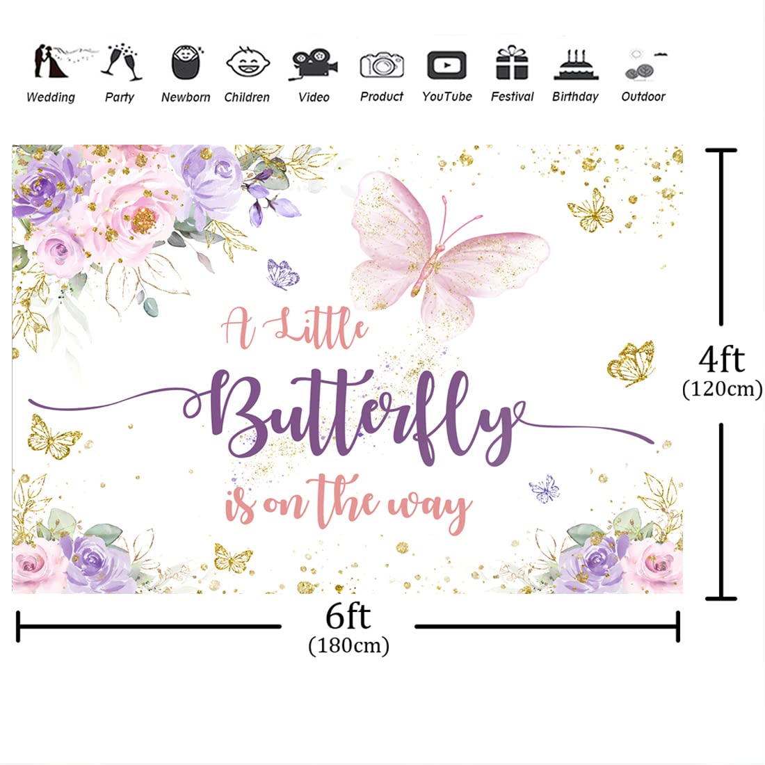 Aperturee 6X4Ft Butterfly Baby Shower Backdrop A Little Butterfly Is On The Way Photo Purple And Pink Floral Gold Spots Flowers