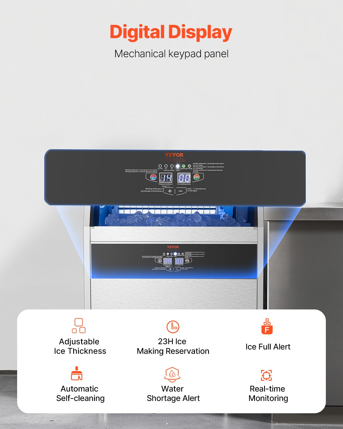 Vevor Commercial Ice Maker Machine, 160Lbs/24H Ice Maker Machine With 66Lbs Storage Capacity, 80 Ice Cubes In 15 Minutes, Led Di