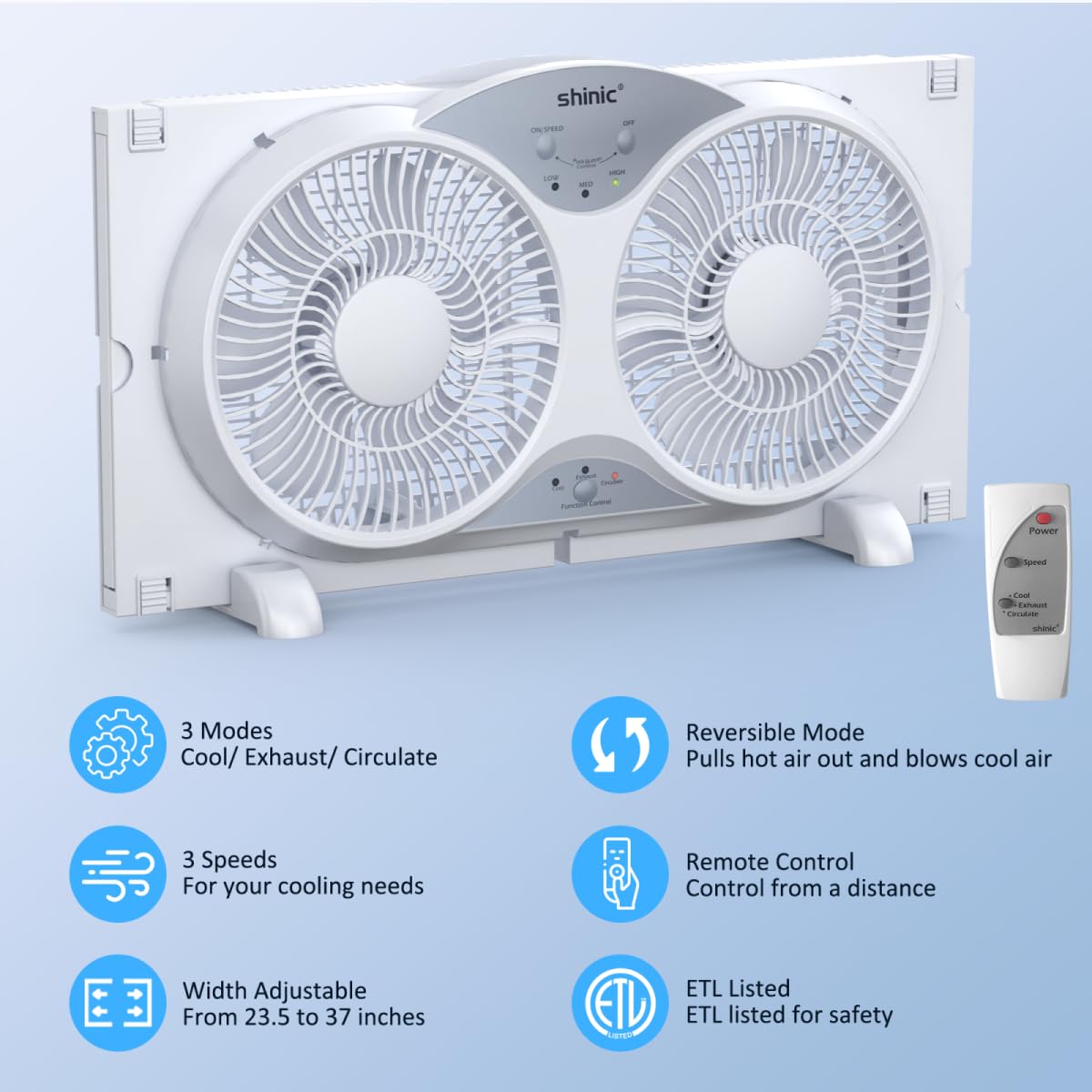 Shinic Window Fan With Reversible Airflow Quiet, Twin 9'' Blades, Full Remote Control, 3 Functions 3 Speeds, Bathroom Kitchen Wi