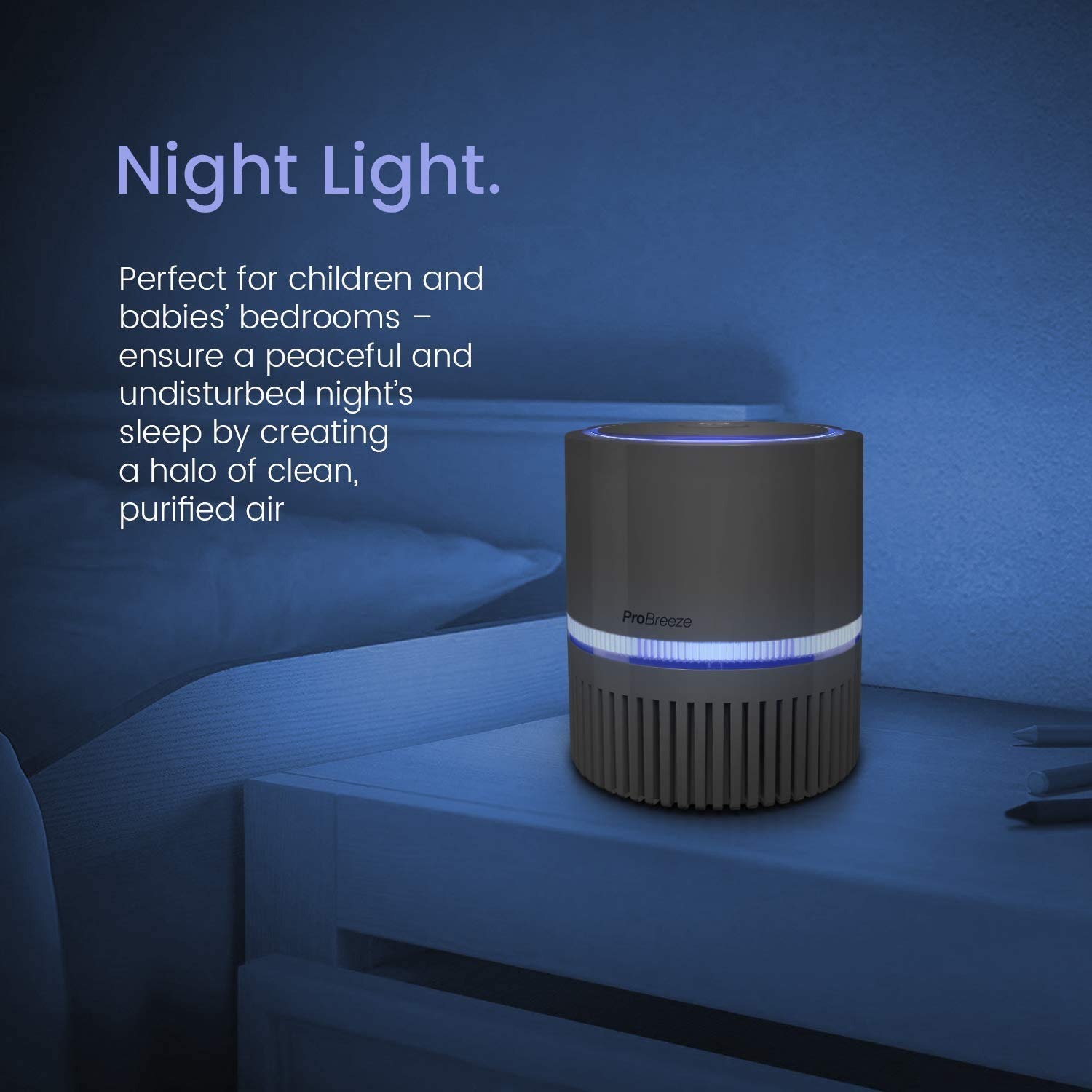 Pro Breeze HEPA Air Purifier - True HEPA Filter, 99.7% Smoke & Dust, Mini Desktop Model PB P02F with Night Light & Ion Generator