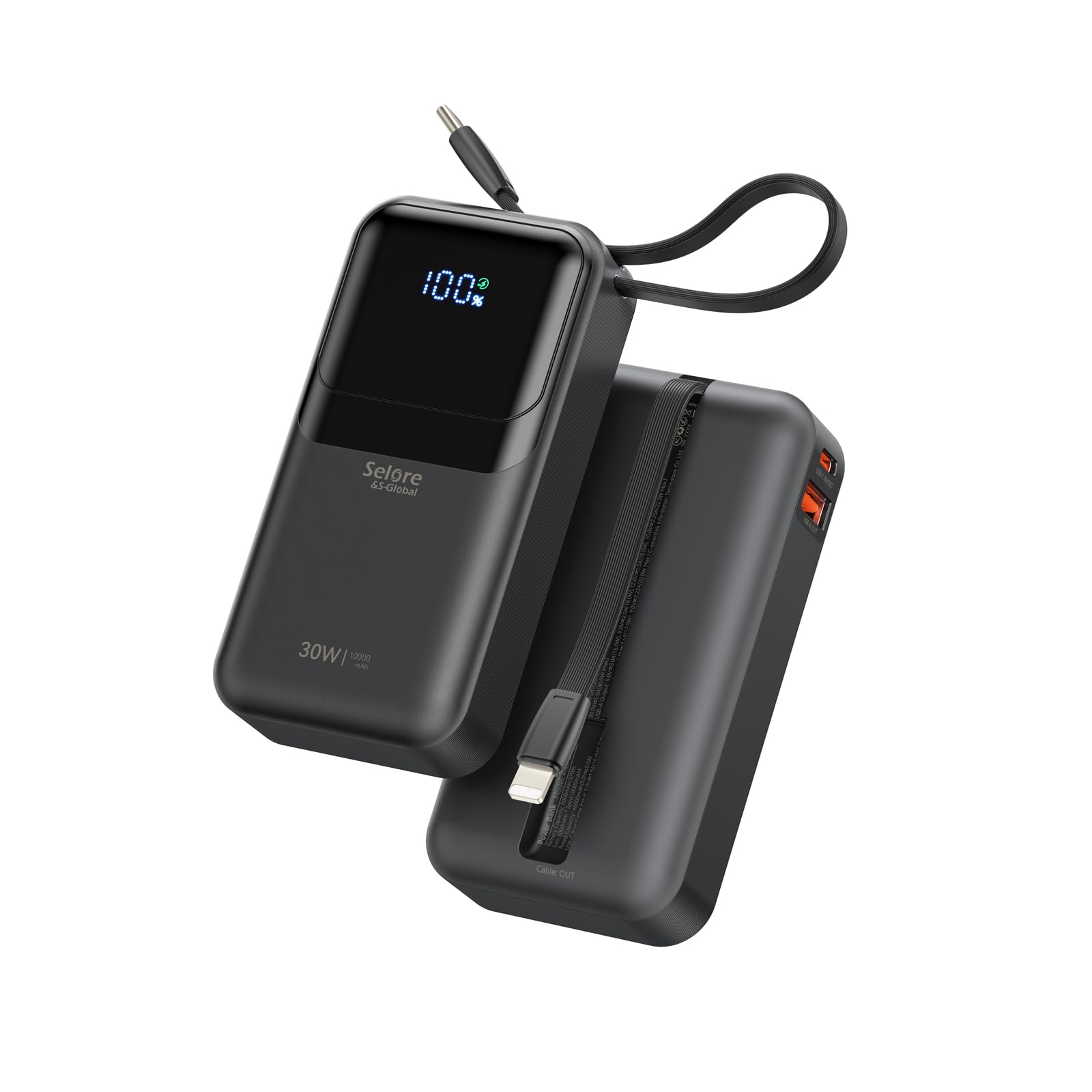 PD 30W Fast Charging Portable iPhone Charger 10 000mAh Mini Size Power Bank with Built in USB C & Lightning Cable, LED Display, 